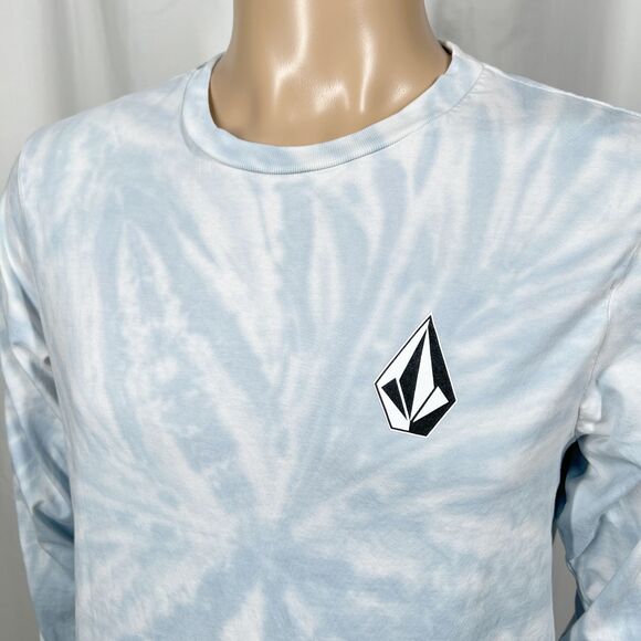 Volcom Men's Medium Blue White Tie Dye Stone Logo Modern Fit Long Sleeve T-Shirt - Picture 2 of 8